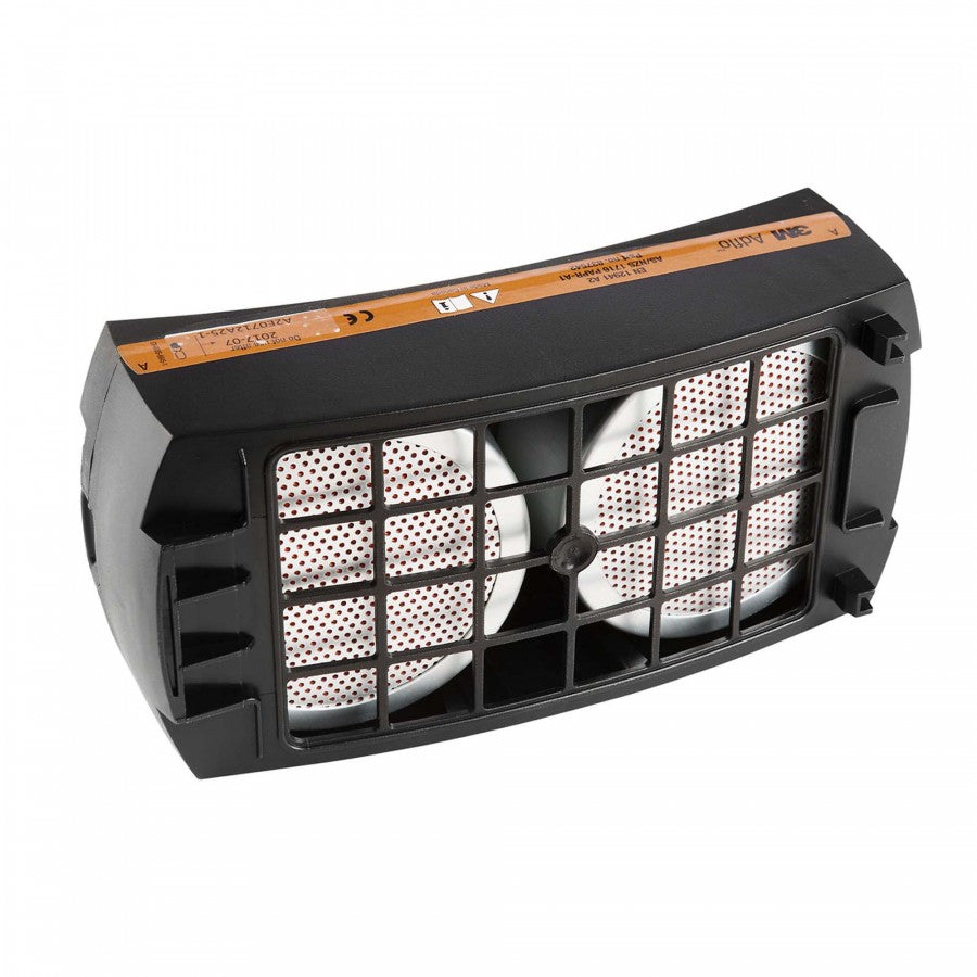 A black Speedglas A1 gas filter with a white filter material visible inside the respirator