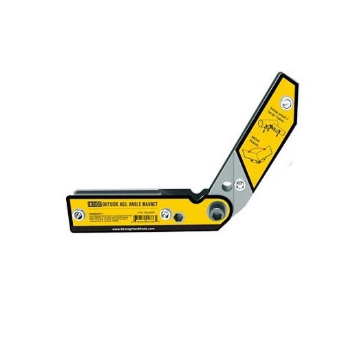 A Black and yellow adjustable angle magnet, labelled with the brand name StrongHand and product specifications.