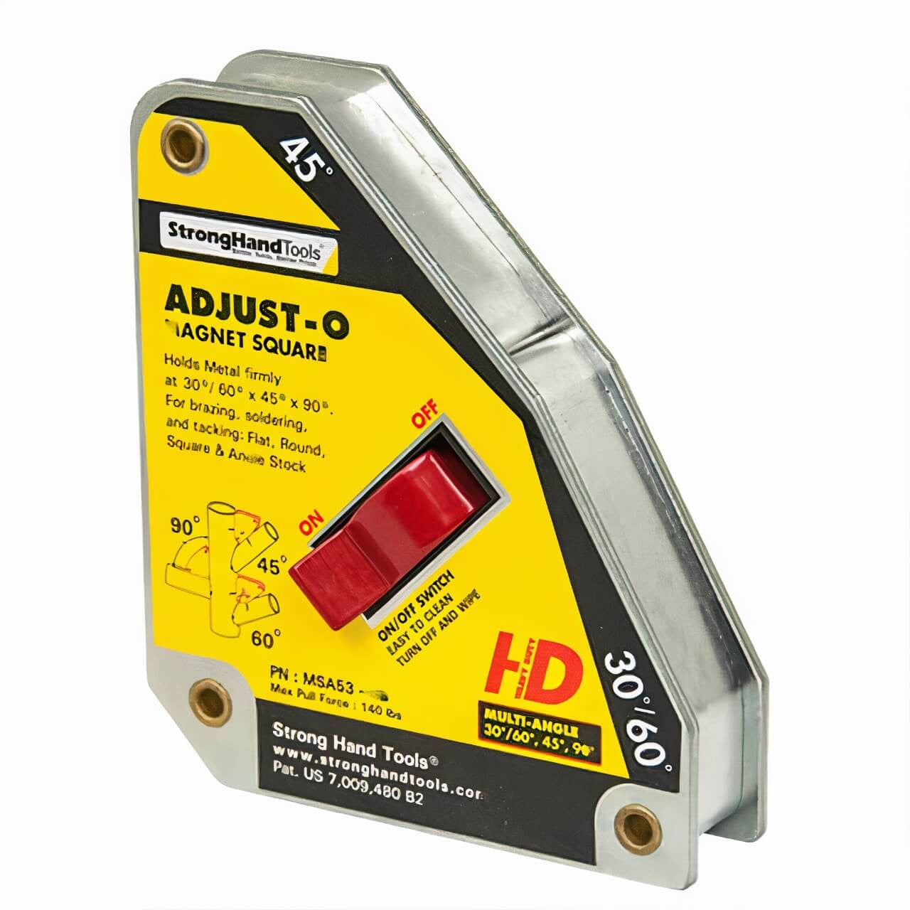 Strong Hand Tools Adjust-O Magnet Square Large Multi-Angle, it is yellow and black with product information and branding.