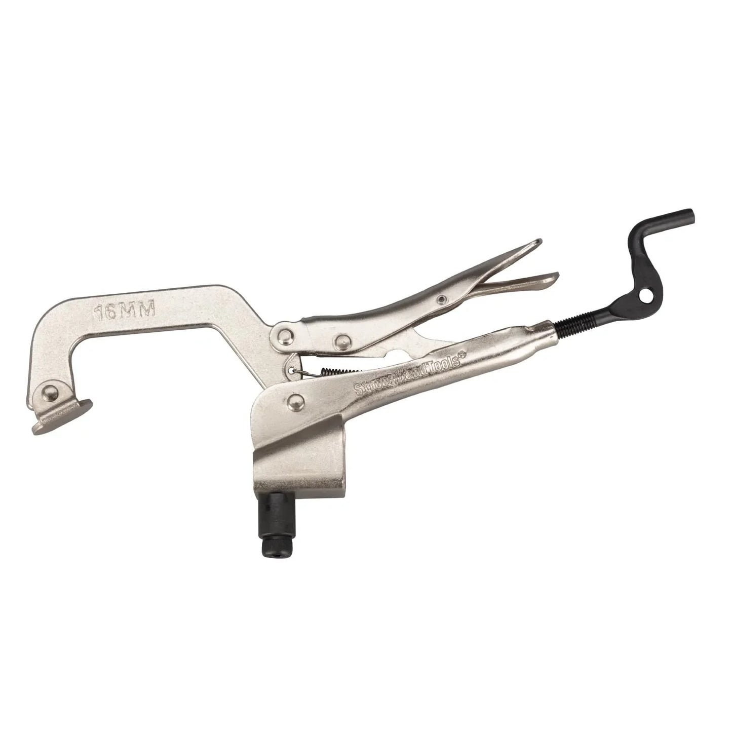 A metal C-clamp with a crank-handle and a mounting base hole, designed for table mount locking.