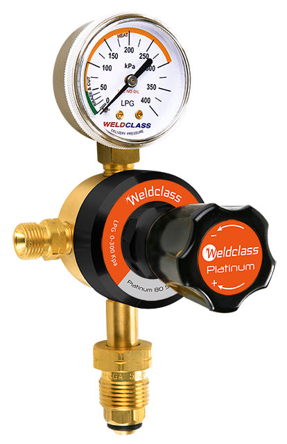 A Weldclass Platinum series LPG/propane regulator with a gauge, valves, and connectors.