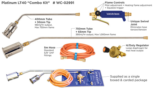 LPG Burner Combo Torch Kit which includes a variety of components such as a regulator, multiple tips, and tubes in different lengths, designed for welding tasks.