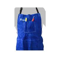 A blue leather apron with a front pocket and adjustable straps