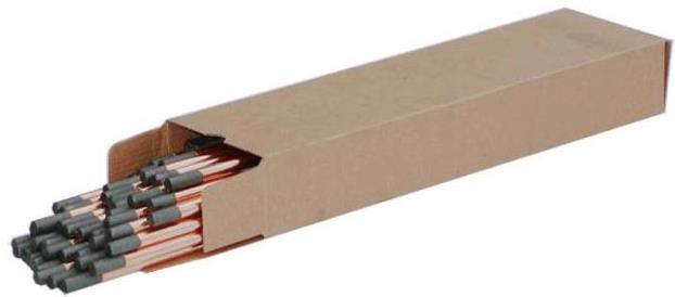 A long, narrow brown cardboard box containing multiple gouging carbons for welding.