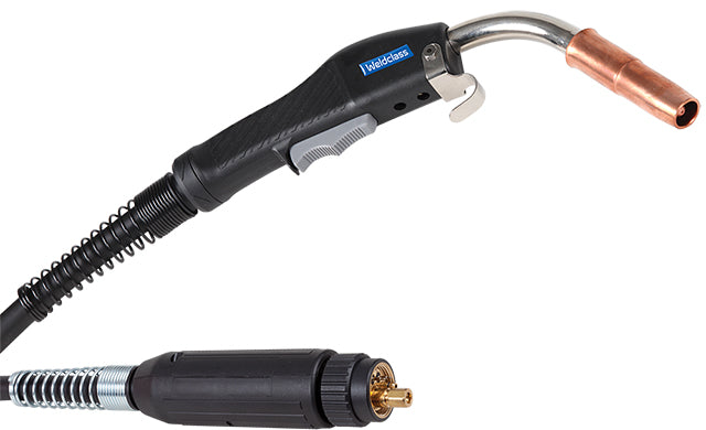 Tweco 2 style Mig torch with a black body, metal connectors, and a copper nozzle.