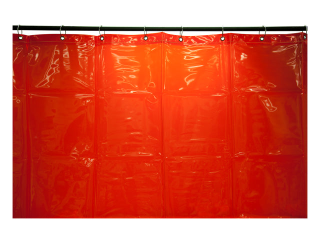 A red Welding Curtain hanging up
