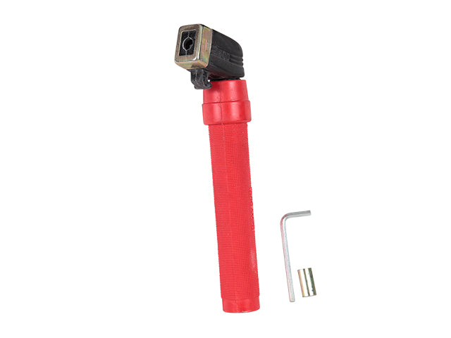 A red twist-lock style electrode holder with a maximum capacity of 600 AMP