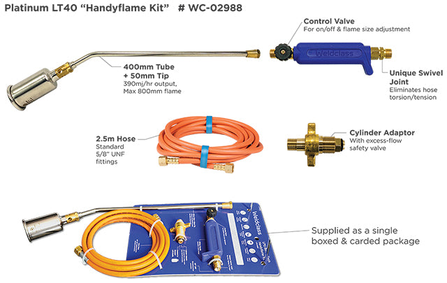 Handyflame Kit Cylinder adaptor with safety valve,2.5m hose with fittings,Torch handle ,400mm tube and 50mm tip