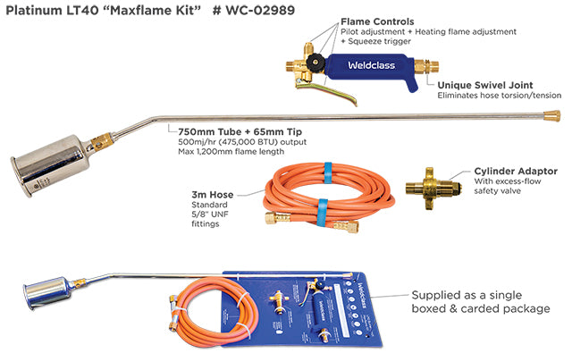 MaxFlame Kit includes Cylinder adaptor with safety valve, 3m hose with fittings, Torch handle ,750mm tube and 65mm tip