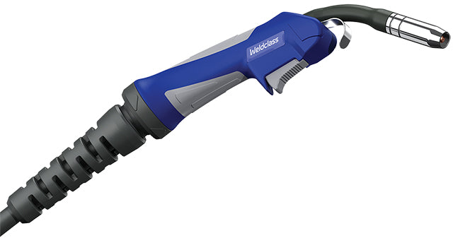 Weldclass Promax 15 welding gun with a blue handle, black cable, and grey accents.