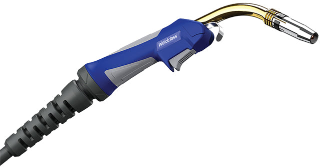 Weldclass Promax 24 style welding torch with a blue and silver handle, connected to a black cable, with an ergonomic handle.