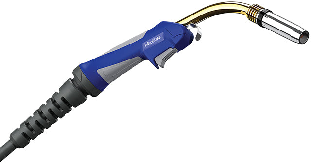 Blue and grey Weldclass Promax 36 MIG welding gun with a screwless quick-change handle and a knuckle joint at the handle