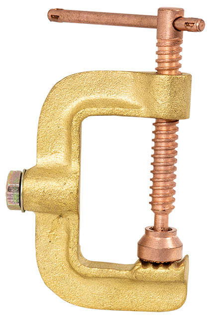 A brass G-style welding clamp with a copper-coloured earth connection and a long service life.