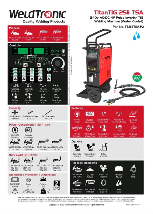 weldtronic 251 watercooled tig welder product sheet