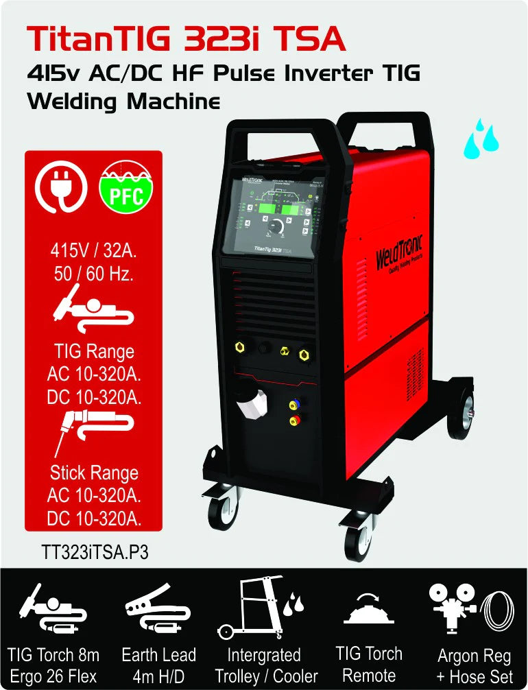 Weldtronic Titan 323i Tsa 415V ACDC HF Pulse Inverter Tig Welding Machine Water Cooled With Trolley