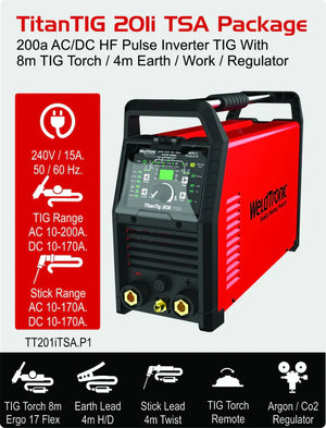 WeldtrWeldtronic Welding Machine in red colour with a digital display and power ports.