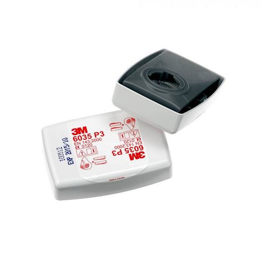 The 3M 6035 Rectangular Particulate P2/P3 Filter protective casing that deflects sparks and splashes when  used with some face masks 