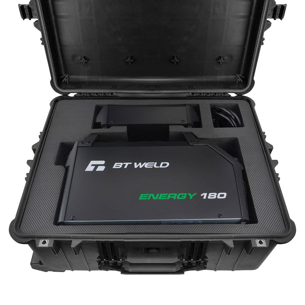 Black portable welding machine with 'BT Weld' branding and 'Energy 180' text in a carry case on a white background