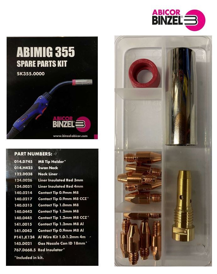 Binzel Abimig 355 MIG Torch Spare Parts Kit SK355.0000 – Tip Holder, CCZ Contact Tips, Conical Nozzle and Insulator