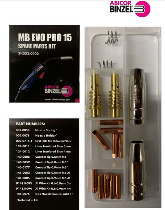 Binzel MB EVO Pro 15 MIG Torch Spare Parts Kit SK002.0000 – Nozzle Springs, Tip Holders, Contact Tips and Conical Nozzles