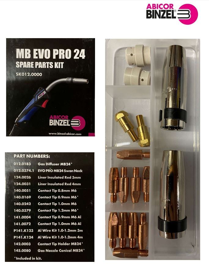 Binzel MB EVO Pro 24 MIG Torch Spare Parts Kit SK012.0000 – Gas Diffusers, Tip Holders, Contact Tips and Conical Nozzles
