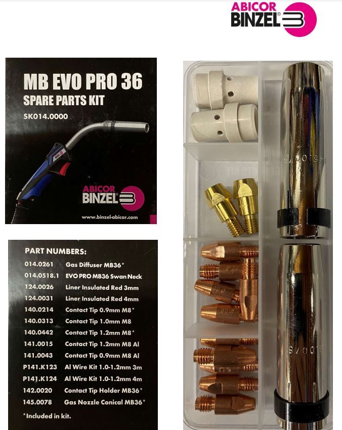 Binzel MB EVO Pro 36 MIG Torch Spare Parts Kit SK014.0000 – Gas Diffusers, Tip Holders, Contact Tips and Conical Nozzles