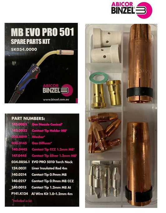 Binzel MB EVO Pro 501 MIG Consumable Starter Kit SK034.0000 – Gas Nozzles, Diffusers and M8 Contact Tips