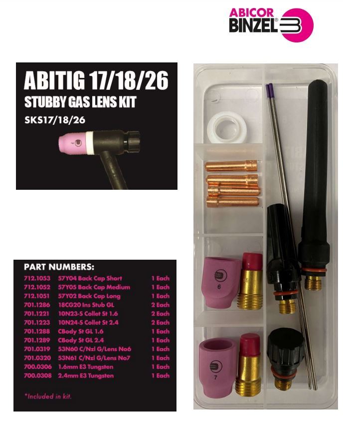 Binzel SKS17/18/26 TIG Torch Stubby Gas Lens Kit – Back Caps, Collets, Gas Lenses, Ceramic Nozzles and E3 Tungsten Electrodes for WP17 WP18 WP26