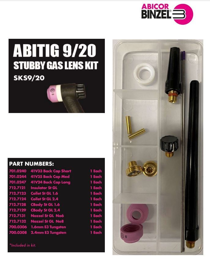 Binzel SKS9/20 TIG Torch Stubby Gas Lens Kit – Back Caps, Collets, Gas Lens Nozzles and E3 Tungsten Electrodes for WP9 and WP20
