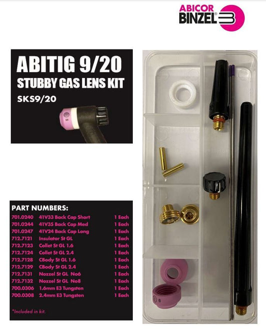 Binzel SKS9/20 TIG Torch Stubby Gas Lens Kit – Back Caps, Collets, Gas Lens Nozzles and E3 Tungsten Electrodes for WP9 and WP20