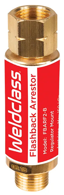 Weldclass flashback arrester with red label and brass fitting on a white background