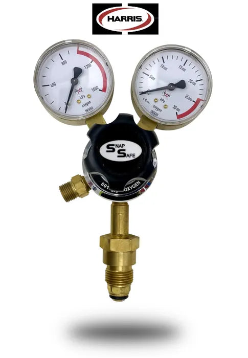 Harris 801 Oxygen Cylinder Regulator 0-1000kPa Vertical Inlet T10 (Snap Safe)