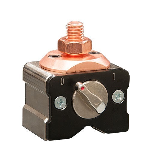 A Power Base Grounding Magnet with a copper connector stud and a 'V' machined surface, mounted on a black base with a control knob.