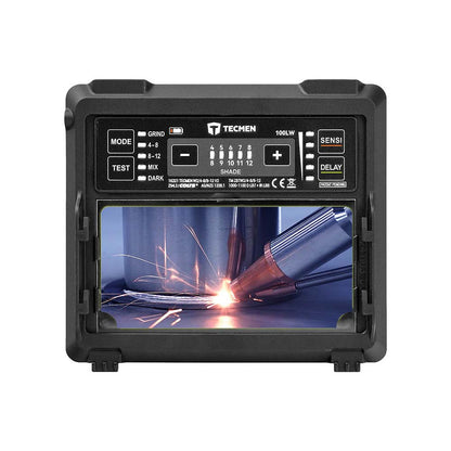 Teckmen welding monitor displaying a welding process with sparks on a white background