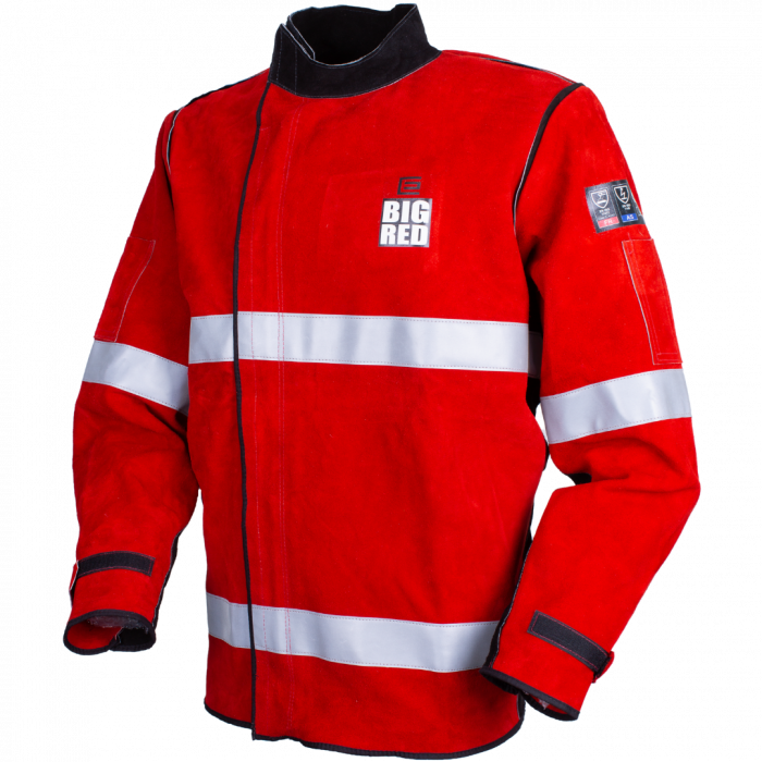 Elliotts Big Red Split Leather Welding Jacket – reflective trim, zip & hook closure, ISO 11611 Class 2