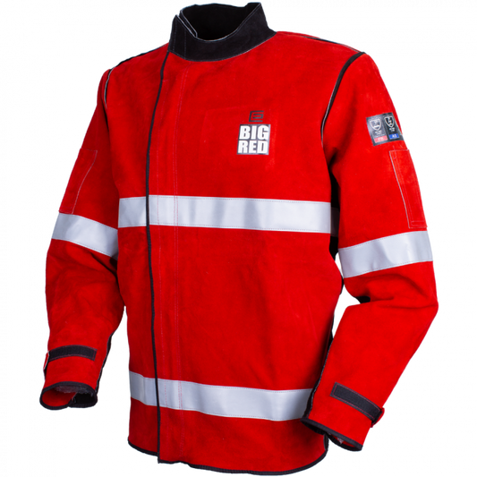 Elliotts Big Red Split Leather Welding Jacket – reflective trim, zip & hook closure, ISO 11611 Class 2