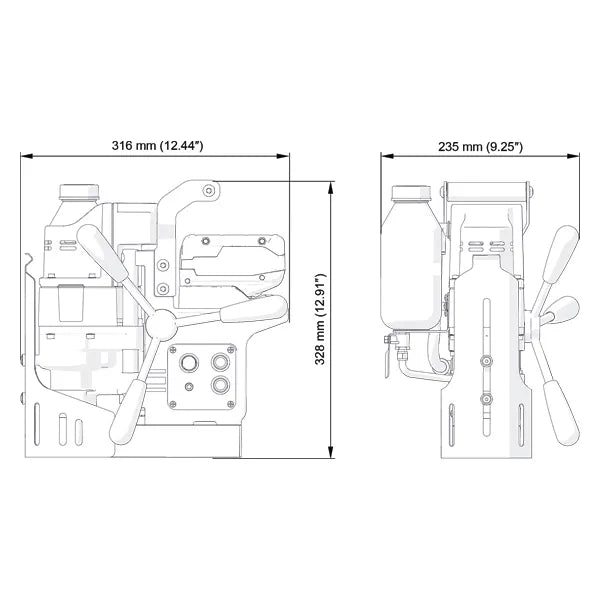 Holemaker Pro35 18V Cordless Magnetic Base Drill – technical diagram with key dimensions