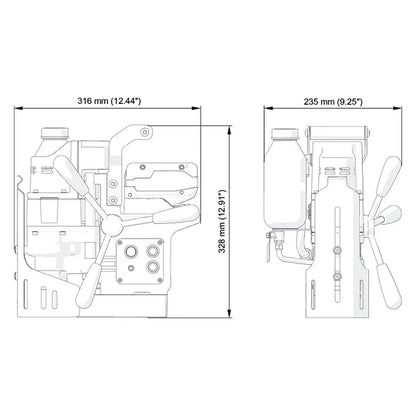Holemaker Pro35 18V Cordless Magnetic Base Drill – technical diagram with key dimensions