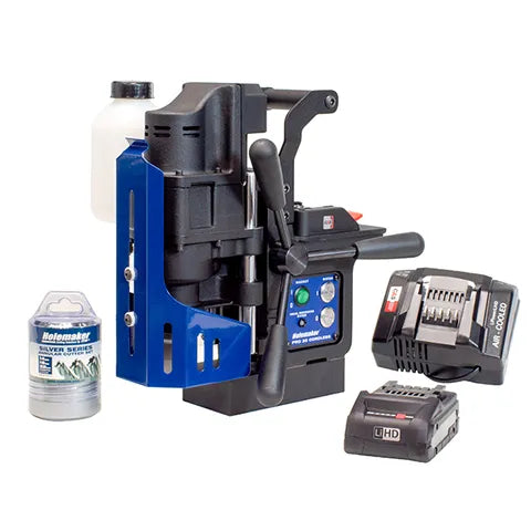 Holemaker Pro35 18V Cordless Magnetic Base Drill – side view and accessories 