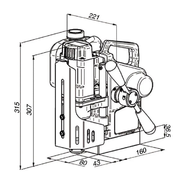 Holemaker Pro35 Automatic Feed Magnetic Base Drill – technical diagram showing 35mm capacity and 52mm depth