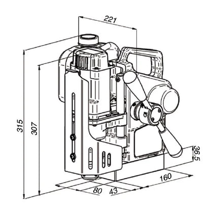 Holemaker Pro35 Automatic Feed Magnetic Base Drill – technical diagram showing 35mm capacity and 52mm depth
