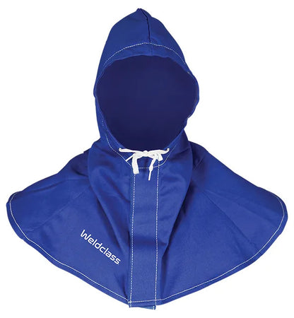 Blue welding cape with hood on a white background