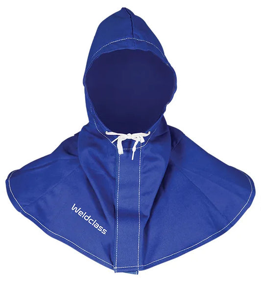 Blue welding cape with hood on a white background