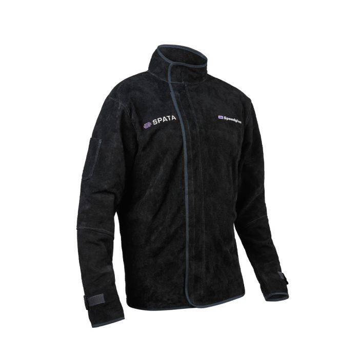 Spata Leather Welding Jacket front view, sleeves with integrated pocket for chalk small tools and adjustable velcro on cuffs 