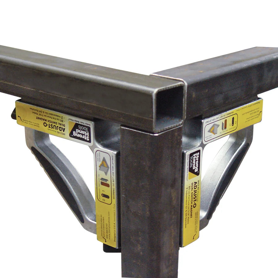 Strong Hand MS2-90 Adjust-O 90° dual-switch magnet square – securing a workpiece in a workshop