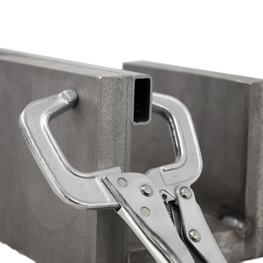 Strong Hand PR115 11-inch locking C-clamp pliers – round tip clamping a workpiece in use