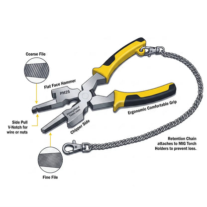 Strong Hand Tools PM12 MIG Deluxe Pliers – feature diagram showing files, hammers, V-notch and chain
