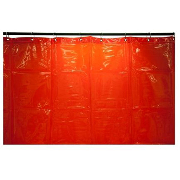 Red welding curtain hanging up