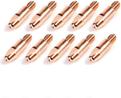 A collection of 10 copper-colored Binzel contact tips for welding, with a visible M6 thread, laid out on a white background.