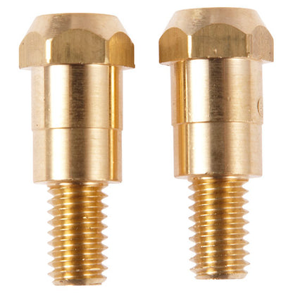 Two gold coloured metal contact tip holders for MIG/MAG welding torches.